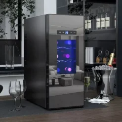 Vinkylar-HOMCOM Vinkyl 12 Flaskor 30L 8-18°C Termoelektrisk Flaskkyl med Glasdörr, Dryckeskyl med LED-lampa, Svart Metall