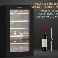 Vinkylar-HOMCOM Vinkylskåp, 65 L Dryckeskyl för 24 Flaskor, Flaskkyl, Vinklimaskåp med Invändig Belysning, 5-20°C, Touch, Svart