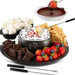 2-i-1 Elektrisk Fondue & Smores Maker Set – Smält Choklad, Inomhus Kit med 4 Grillpinnar & Avtagbara Brickor