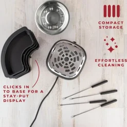 2-i-1 Elektrisk Fondue & Smores Maker Set – Smält Choklad, Inomhus Kit med 4 Grillpinnar & Avtagbara Brickor