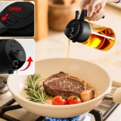 2-i-1 oljedispenser och oljesprayflaska, grilltillbehör, olivoljedispenser, matlagningsspray, 470 ml (svart)