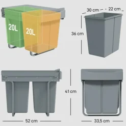 Källsorteringskärl-Inbyggd soptunna för underskåp - Utdragbar dubbel modell - 2x20 L - 2 Avtagbara behållare - Smidigt utdrag - Lock med diamantmönster - Grå