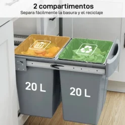 Källsorteringskärl-Inbyggd soptunna för underskåp - Utdragbar dubbel modell - 2x20 L - 2 Avtagbara behållare - Smidigt utdrag - Lock med diamantmönster - Grå