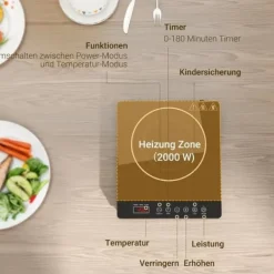 Induktionshäll portabel 1 zon – 2000 W, 10 effekt/temperatur, timer, barnlås, svart