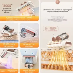 Handdammsugare-INN Dammsugare mot kvalster 13000 pa Dual-Cyclonic filtreringssystem med LED-display för sängar, textilier och soffmöbler