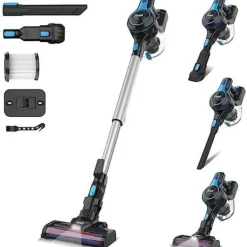 INSE 50KPa sladdlös kvastdammsugare, 250W, 6-i-1 påslös sladdlös kvastdammsugare, blå, 55 min batteritid