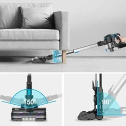INSE 50KPa sladdlös kvastdammsugare, 250W, 6-i-1 påslös sladdlös kvastdammsugare, blå, 55 min batteritid