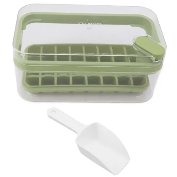 Isbitsform med lätt öppning, plast, 32 galler, isbricka med lock, skopa för frys, grön