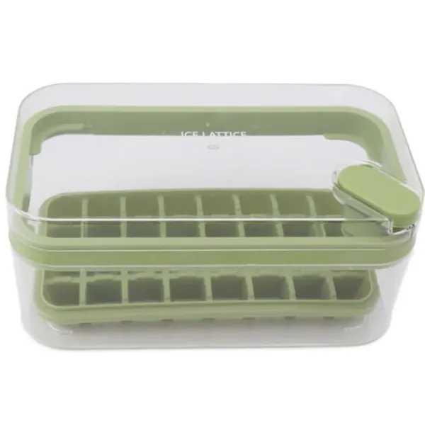 Isbitsform med lätt öppning, plast, 32 galler, isbricka med lock, skopa för frys, grön