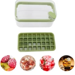 Isbitsform med lätt öppning, plast, 32 galler, isbricka med lock, skopa för frys, grön