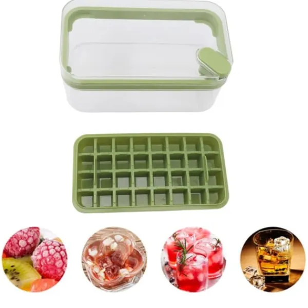Isbitsform med lätt öppning, plast, 32 galler, isbricka med lock, skopa för frys, grön