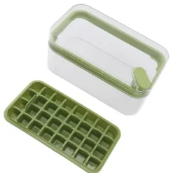 Isbitsform med lätt öppning, plast, 32 galler, isbricka med lock, skopa för frys, grön