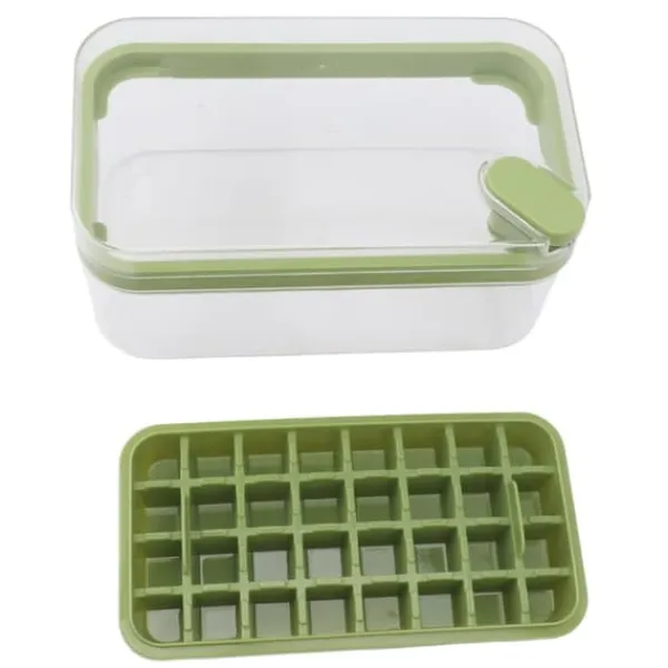 Isbitsform med lätt öppning, plast, 32 galler, isbricka med lock, skopa för frys, grön