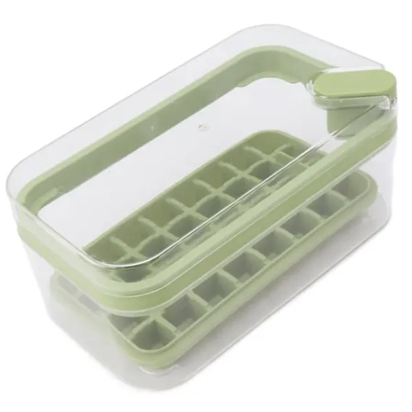 Isbitsform med lätt öppning, plast, 32 galler, isbricka med lock, skopa för frys, grön
