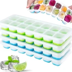 Isformar-Iskubbrickor i silikon med lock, platsbesparande och stapelbara, Lätt att ta bort fyrkantiga iskubbrickor, blå/grön, 4-pack