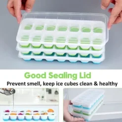 Isformar-Iskubbrickor i silikon med lock, platsbesparande och stapelbara, Lätt att ta bort fyrkantiga iskubbrickor, blå/grön, 4-pack