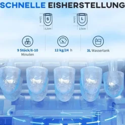 Ismaskiner-Ismaskin 12 kg/24 h, 9 isbitar på 6–10 min, 2 L tank, LCD, silver