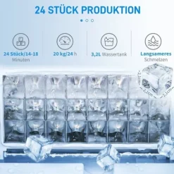 Ismaskiner-Ismaskin 20 kg/24 h, 2,3 L, 3,2 L tank, auto-rengöring, rostfritt, 25,2×36×37,1 cm