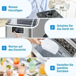 Ismaskiner-Ismaskin 20 kg/24 h, 2,3 L, 3,2 L tank, auto-rengöring, rostfritt, 25,2×36×37,1 cm