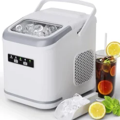 Ismaskin för bänk - Bordsmodell - Kapacitet 1,4 L - Produktion 12 kg/24 h - 9 isbitar på 6 min - Självrengöring - Kompakt och portabel - Silver