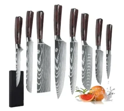 Japanskt köksknivset 8 delar, ultraskarpt högkolstål, ergonomiskt trähandtag, korrosionsbeständiga blad, 8 delar