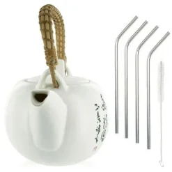 Kaffe- & Tekannor-Jiangxi tekanna i lergods 1 liter + 4 sugrör i rostfritt stål