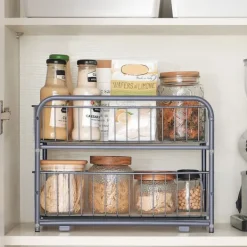 Justerbar hylla med utdragbara lådor i metall – 2 nivåer, stapelbar