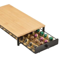 Kaffekapselställ med utdragslåda i svart järn och bambuskiva, kompatibelt med OASISWJ och Nespresso, för 40 kapslar