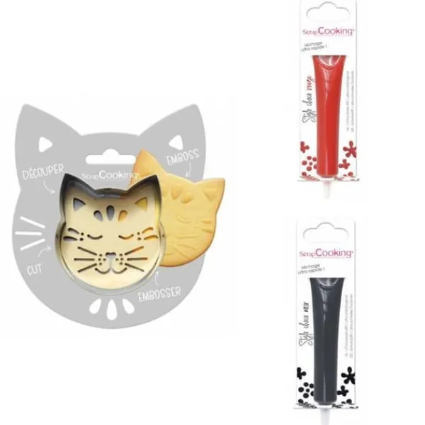 Kakformar-Kattpräglat kakkit + 2 röda och mörka chokladpennor