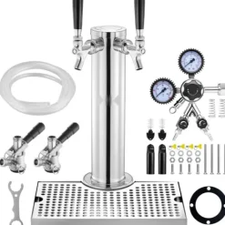 Kegerator Tornkit, Dubbelkranar Ölförvandlingskit, Rostfritt Stål Öltappstorn med Dubbeltryckmätare W21.8 Regulator & S-System Fat