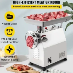 350kg/h 1100W elektrisk köttkvarn med kompletta tillbehör, kraftfull prestanda, löstagbar design, enkel användning, bred applikation