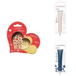 Kit för kex i relief Hjärta + 2 pennor i vit och mörkblå choklad