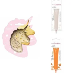 Kit för unicorn präglad kaka + 2 vit och orange choklad pennor