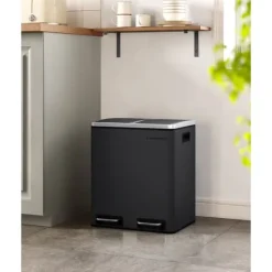 Soptunnor & Papperskorgar-Köksavfallstunna, 2 x 15 L stålavfallstunna, trappstegstunna med innerhinkar och handtag, mjuk stängning, lukttätning, svart LTB30BK