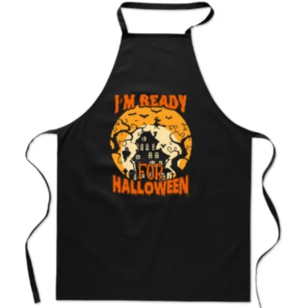 KÖKSFÖRKLÄDE med trycket "Ready for HALLOWEEN" och "Läskigt och roligt slott".