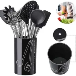 Köksutrustningsset-Köksredskap, 9 delar silikon köksredskap, non-stick och anti-skrapa med förvaringskärl i rostfritt stål