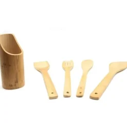 Köksutrustningsset-Köksredskap - Set med 4 i trä - Ställ i bambu - Miljövänlig - Hygienisk - Praktisk