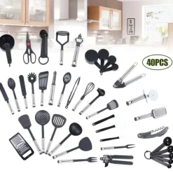 Köksredskap set - Matlagningsredskap 40 delar - Nylon & rostfritt stål - För matlagning & bakning - Rörning - Svart
