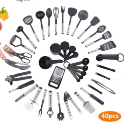 Köksredskap set - Matlagningsredskap 40 delar - Nylon & rostfritt stål - För matlagning & bakning - Rörning - Svart