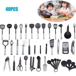 Köksredskap set - Matlagningsredskap 40 delar - Nylon & rostfritt stål - För matlagning & bakning - Rörning - Svart