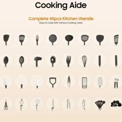 Köksutrustningsset-Köksredskapssats - 40 delar - Nylon & rostfritt stål - Värmebeständig - Skonsam mot non-stick - Hängbar design - Svart