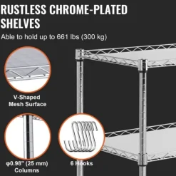Köksredskapsvagn, 3 våningar, 661 LBS kapacitet, stålservicevagn, metallförvaring med 6 krokar för inomhus/outdoor.
