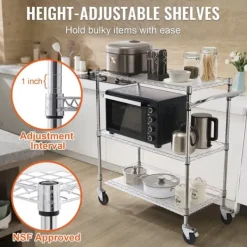 Köksredskapsvagn, 3 våningar, 661 LBS kapacitet, stålservicevagn, metallförvaring med 6 krokar för inomhus/outdoor.