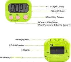 kökstimer - digital kökstimer - nedräkning stoppur med magnethållare hål - grön - 3 st