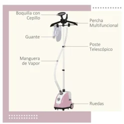 Klädsteamer - Vertikalt ångstrykjärn - 1600–2000 W - 1,4 l vattentank - Justerbar temperatur - Rosa