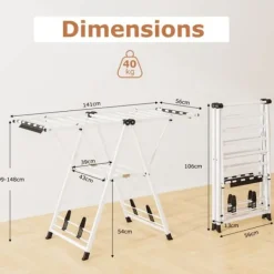 Klädställ, Hopfällbar Metalltvättställ, 141x56x99-148 cm, Vit