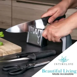 Knivslip i Svart 4-i-1 knivvässare i rostfritt stål för saxar och köksknivar Lämplig för stål och keramik för grov- och finslipning med halkfri