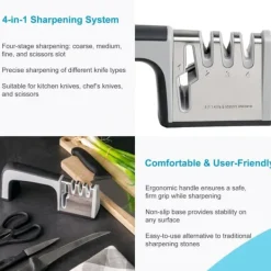 Knivslip i Svart 4-i-1 knivvässare i rostfritt stål för saxar och köksknivar Lämplig för stål och keramik för grov- och finslipning med halkfri