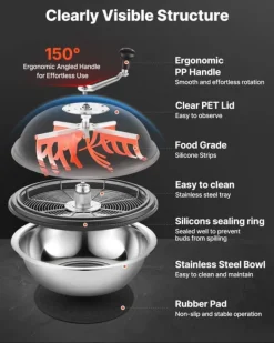 Salladsslungor-Knopp- och bladtrimmer - Skåltrimmer manuell Ø 49 cm - Rostfria blad - Transparent lock - Våt/torr - Vevdriven snurrskärning