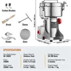 Matkvarnar-Kommersiell elektrisk kryddkvarn 2000g, hög hastighet, effektiv kvarning, perfekt för kryddor och spannmål, kraftfull och användarvänlig